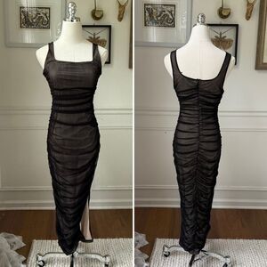 NWOT Lulus V.I.P. Treatment Black and Beige Mesh Ruched Bodycon Midi Dress S